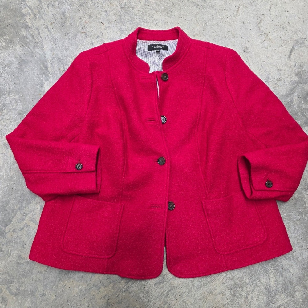 Talbots Women's Red Wool Blend Blazer Jacket Collarless Pockets 18 Wide Petite